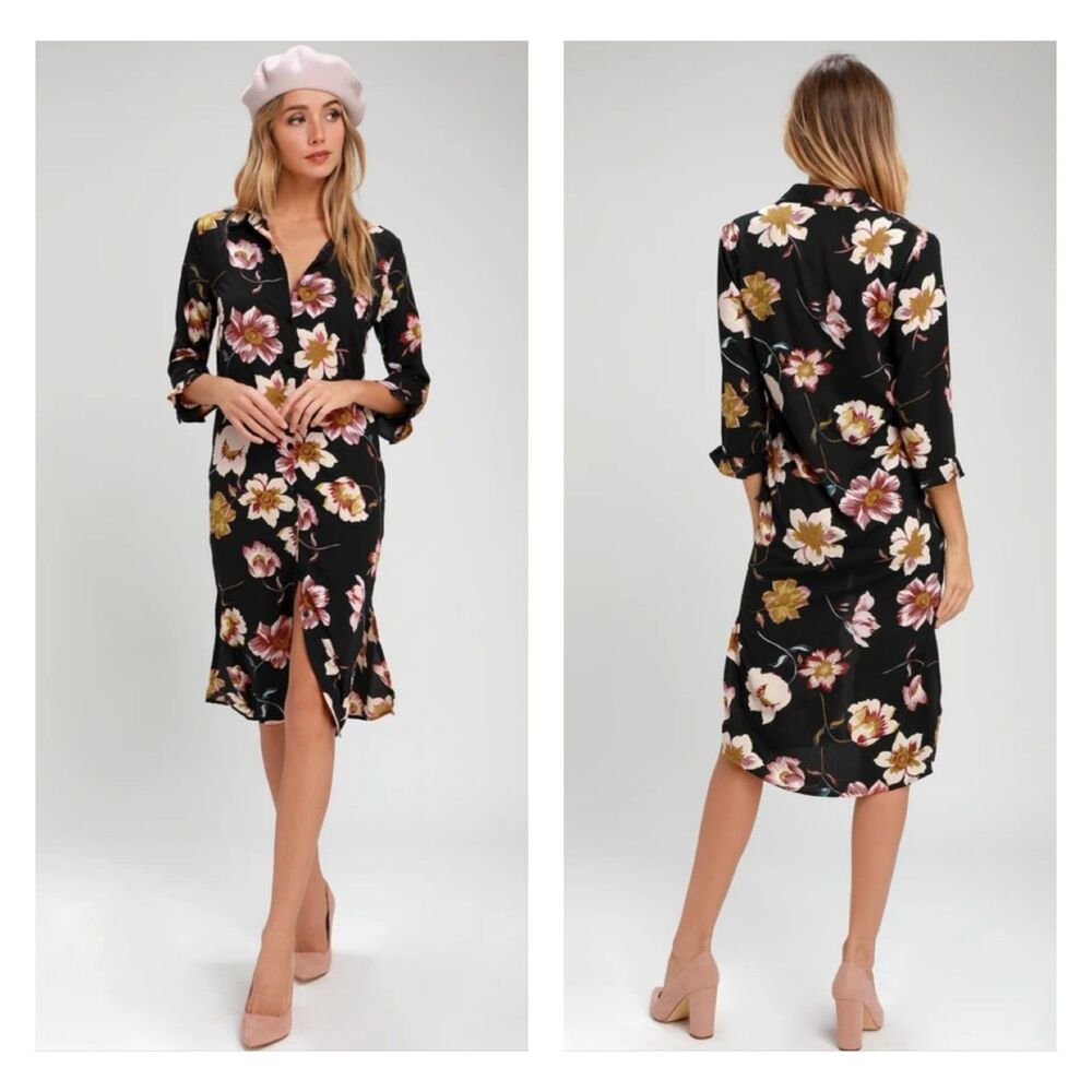 LULUS Mary Anne Black Floral Print Midi Shirt Dress, Sz M